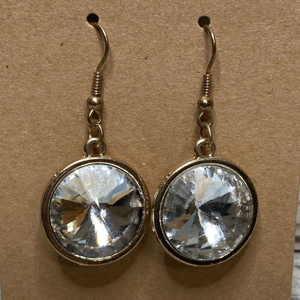 Crystal Rivoli EARRINGS Large Dangle Gold Tone Hook NWOT‎